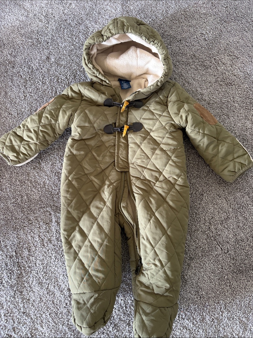 Rugged Bear Olive Green Quilted Hooded Snowsuit with Tan Toggle Accents